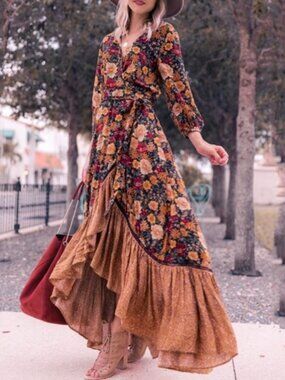 030 Boho Floral Print Cottagecore Ruffle Maxi Dress